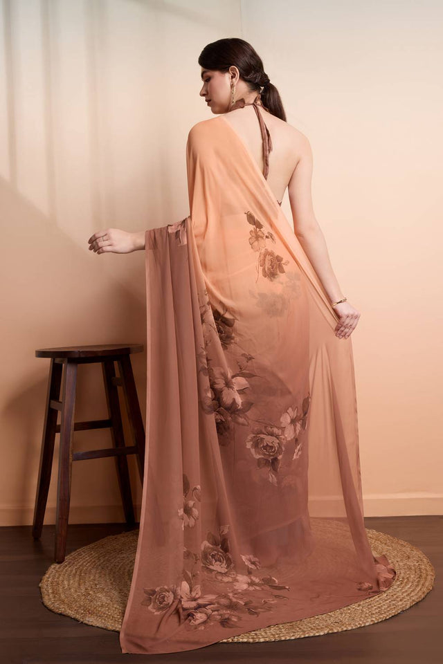 Brown Floral Printed Georgette Saree