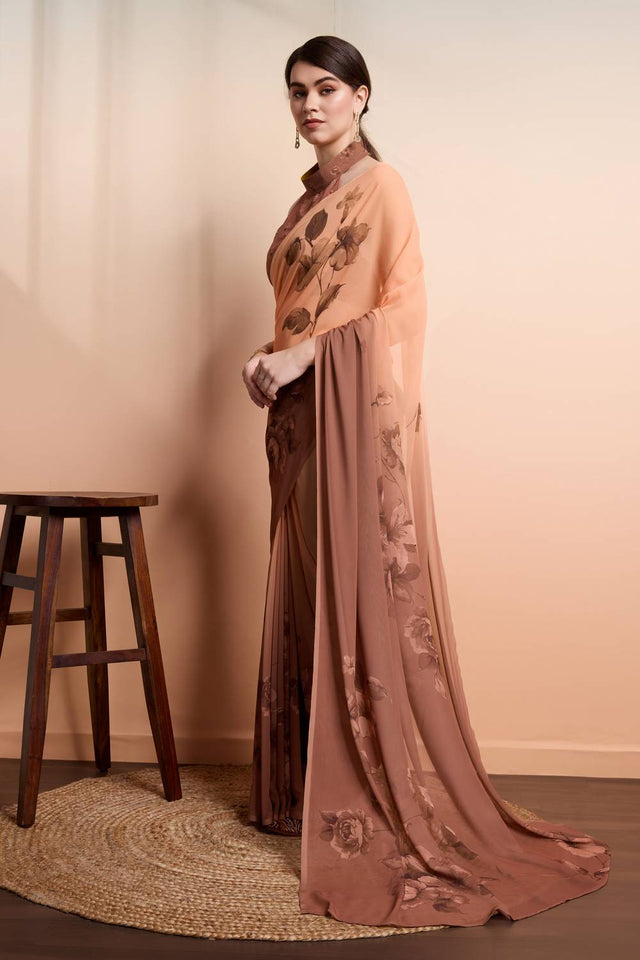 Brown Floral Printed Georgette Saree