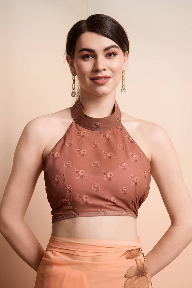 Brown Floral Printed Georgette Saree