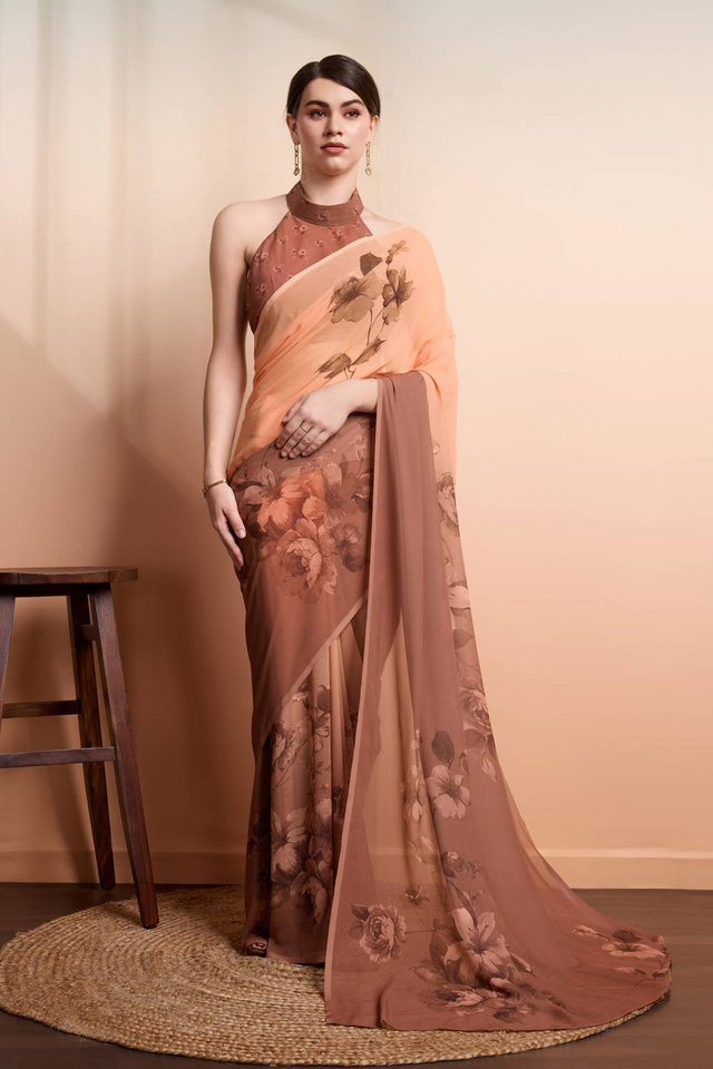 Brown Floral Printed Georgette Saree