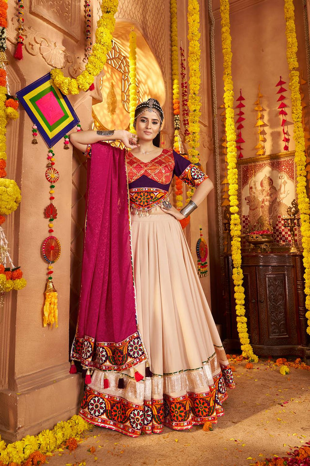 Beige Embroidered Rayon Lehenga
