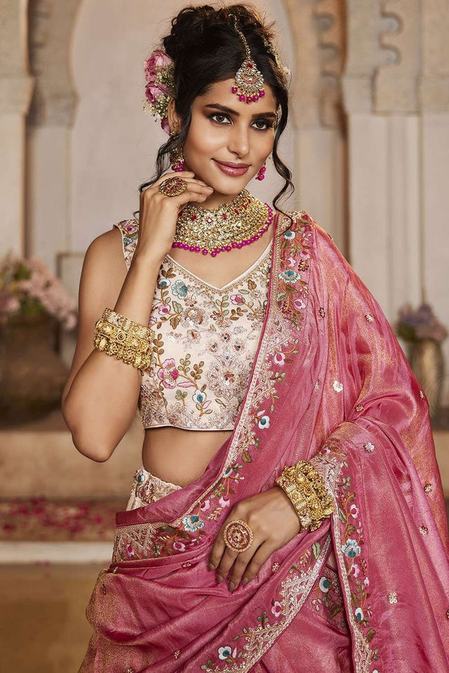 Cream Heavy Embroidered Tissue Lehenga
