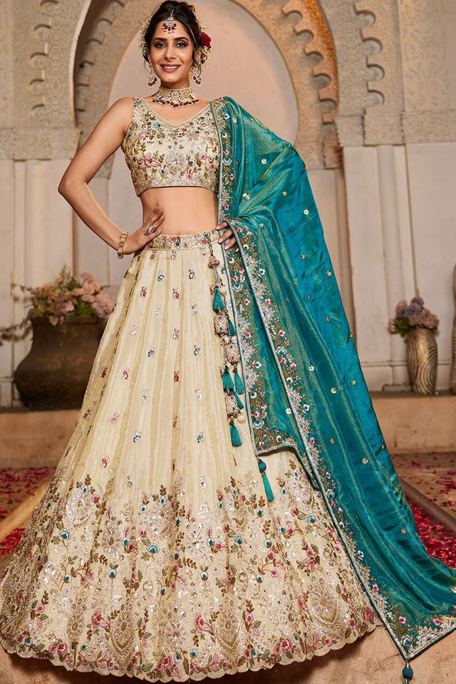 Cream Heavy Embroidered Tissue Lehenga