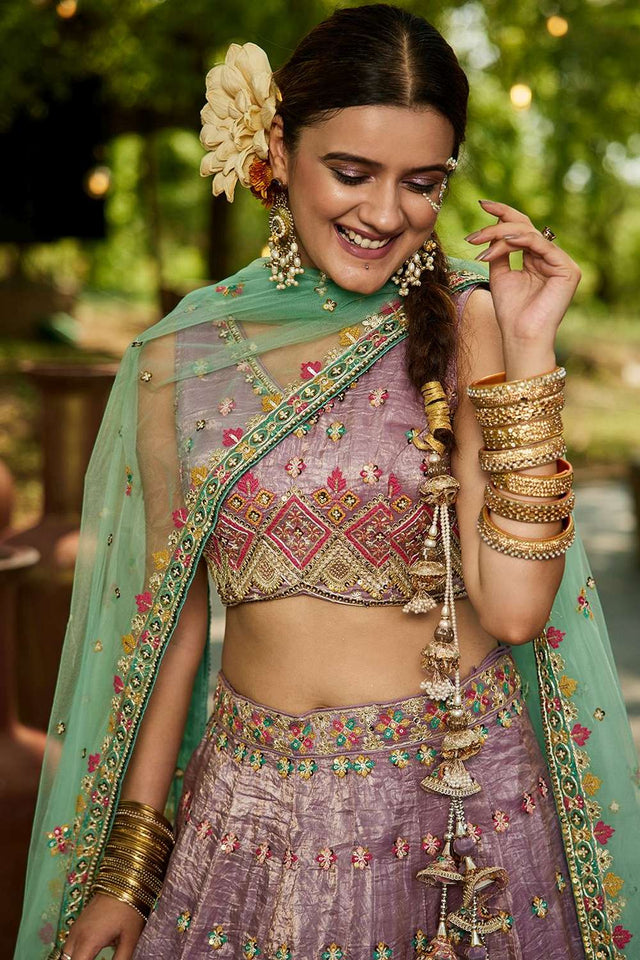 Lavender Heavy Embroidered Tissue Lehenga