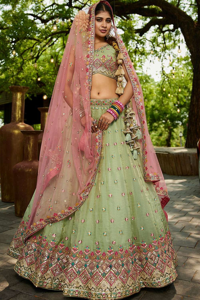 Green Heavy Embroidered Tissue Lehenga (ACZ8934)