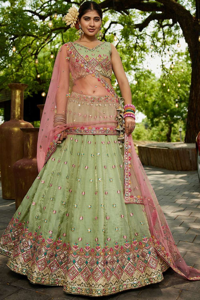 Green Heavy Embroidered Tissue Lehenga (ACZ8934)