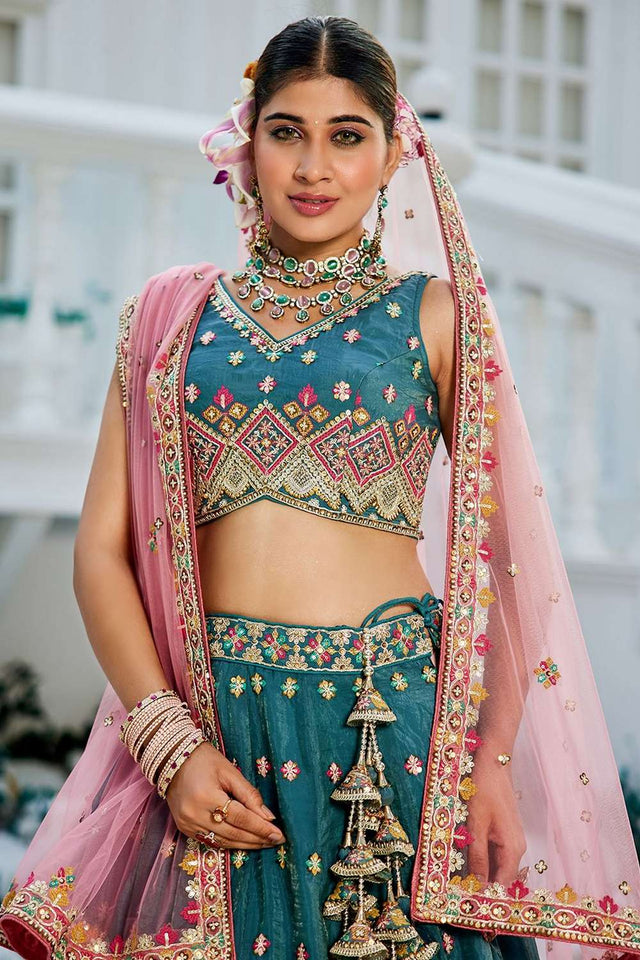 Turquoise Heavy Embroidered Tissue Lehenga