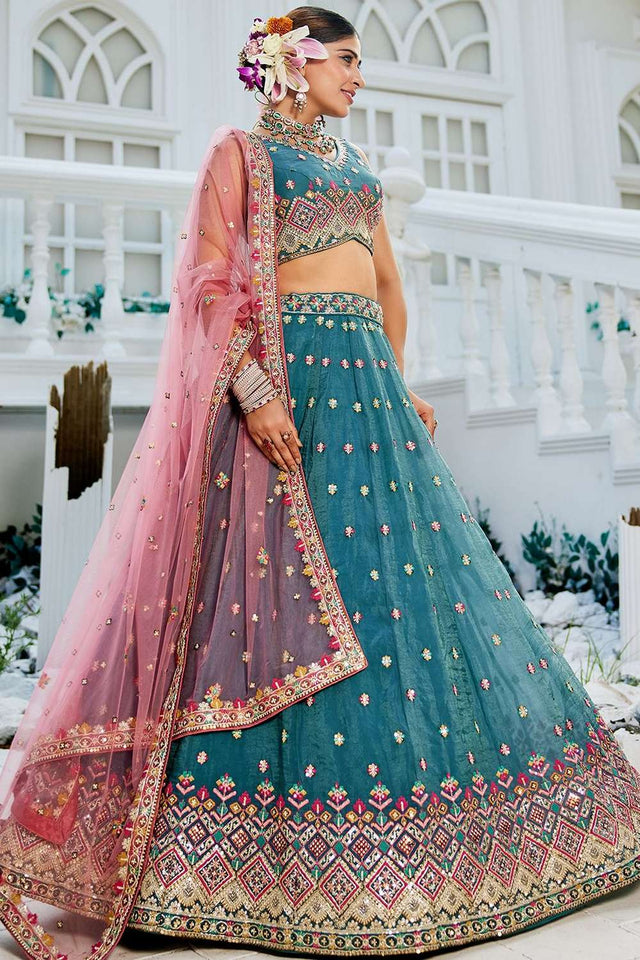 Turquoise Heavy Embroidered Tissue Lehenga