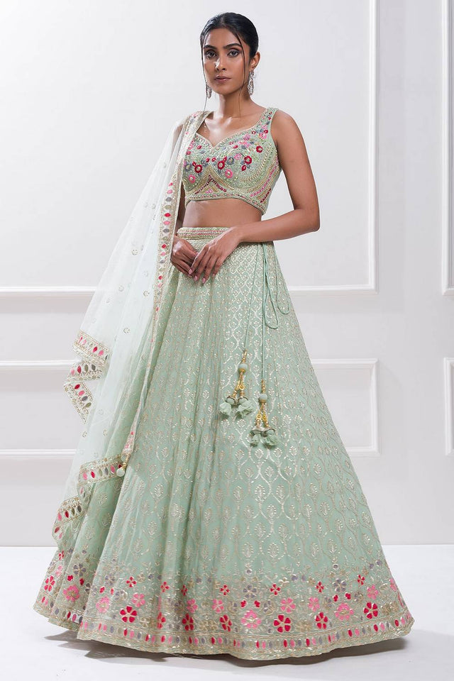 Green Embroidered Georgette Lehenga