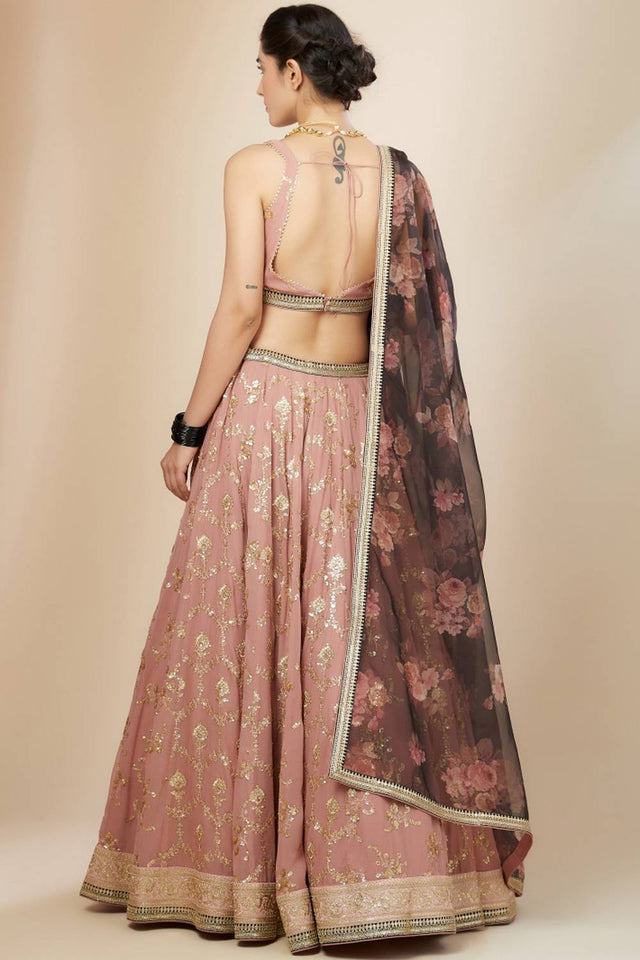 Pink Embroidered Georgette Lehenga