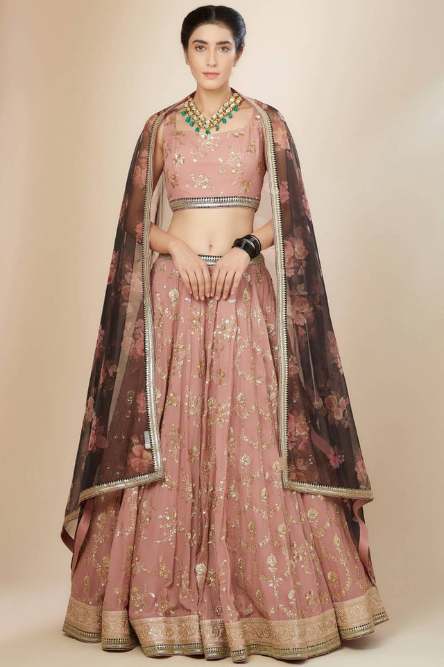 Pink Embroidered Georgette Lehenga