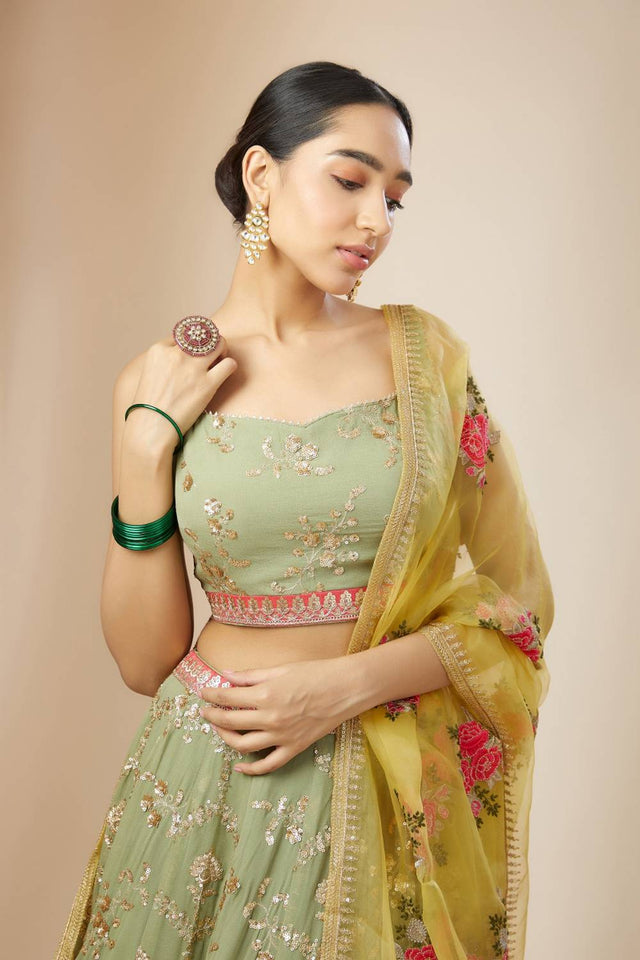 Green Embroidered Georgette Lehenga