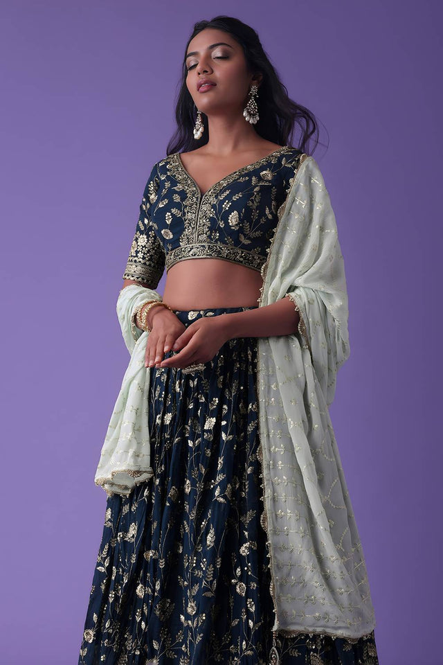 Blue Embroidered Georgette Lehenga