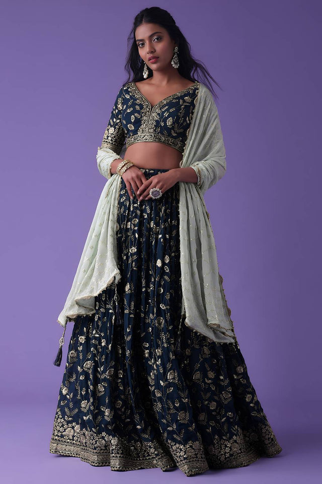 Blue Embroidered Georgette Lehenga