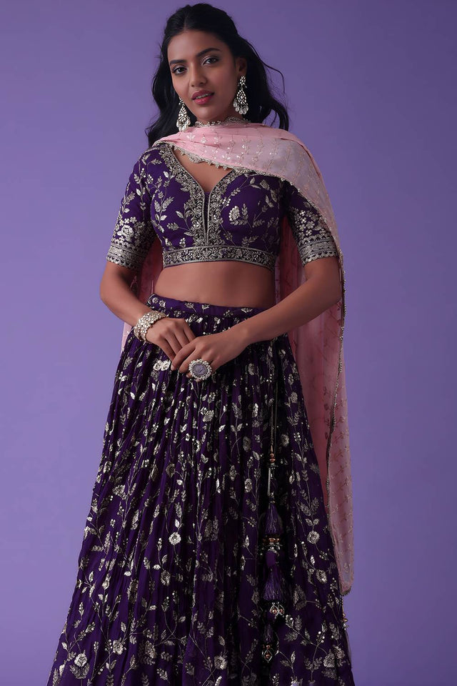 Violet Embroidered Georgette Lehenga
