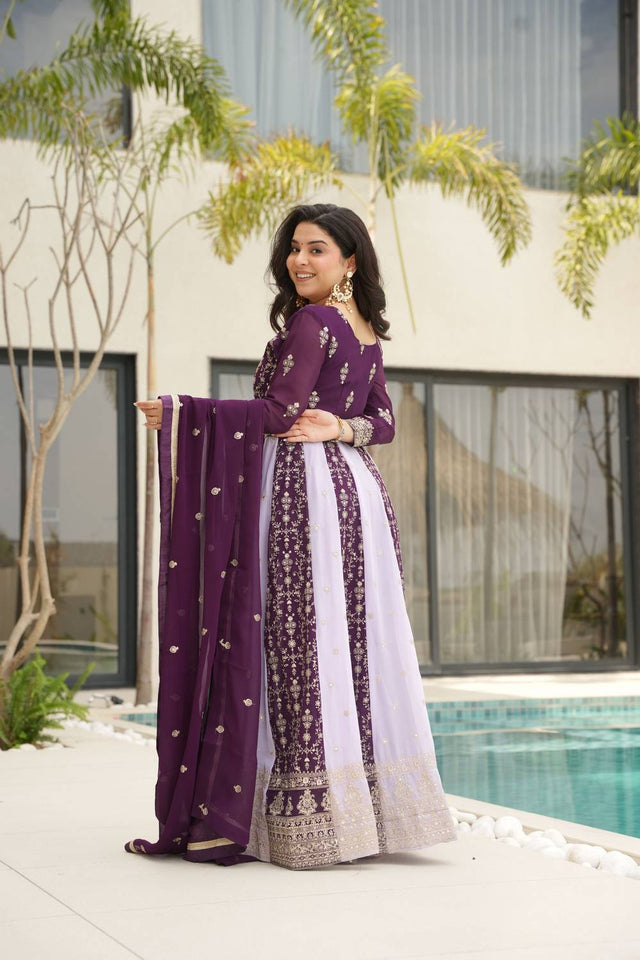 Wine Embroidered Georgette Gown