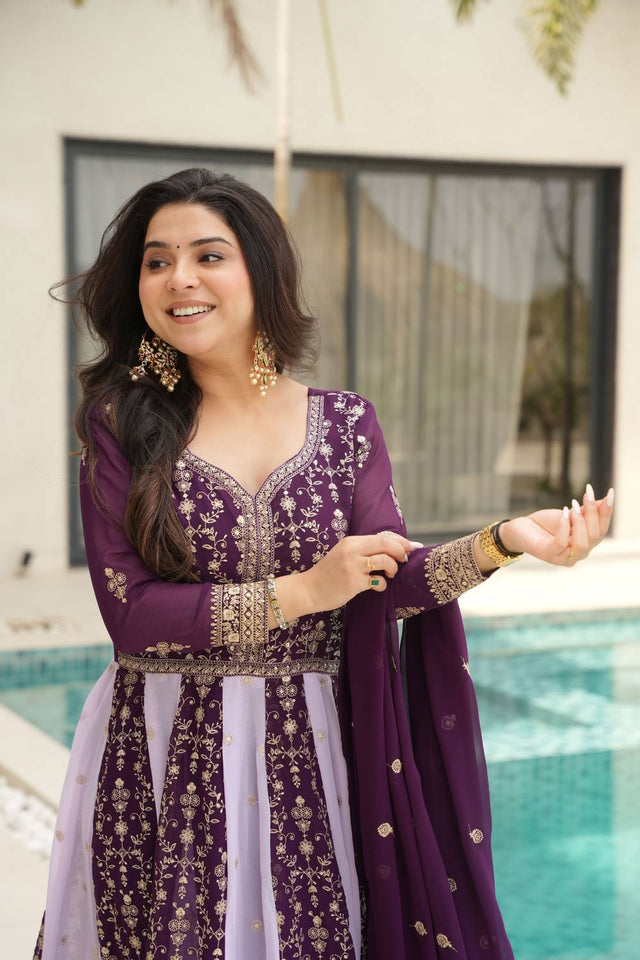 Wine Embroidered Georgette Gown