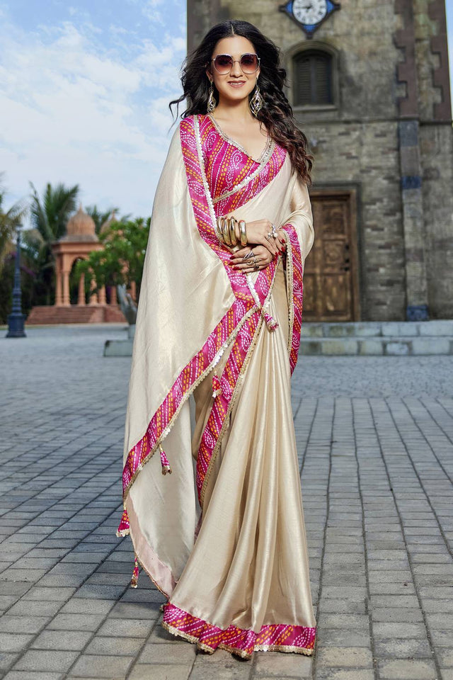 Beige Solid Georgette Saree (ACZ9523)