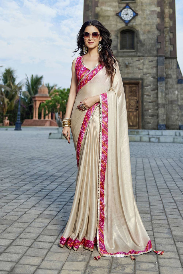 Beige Solid Georgette Saree (ACZ9523)