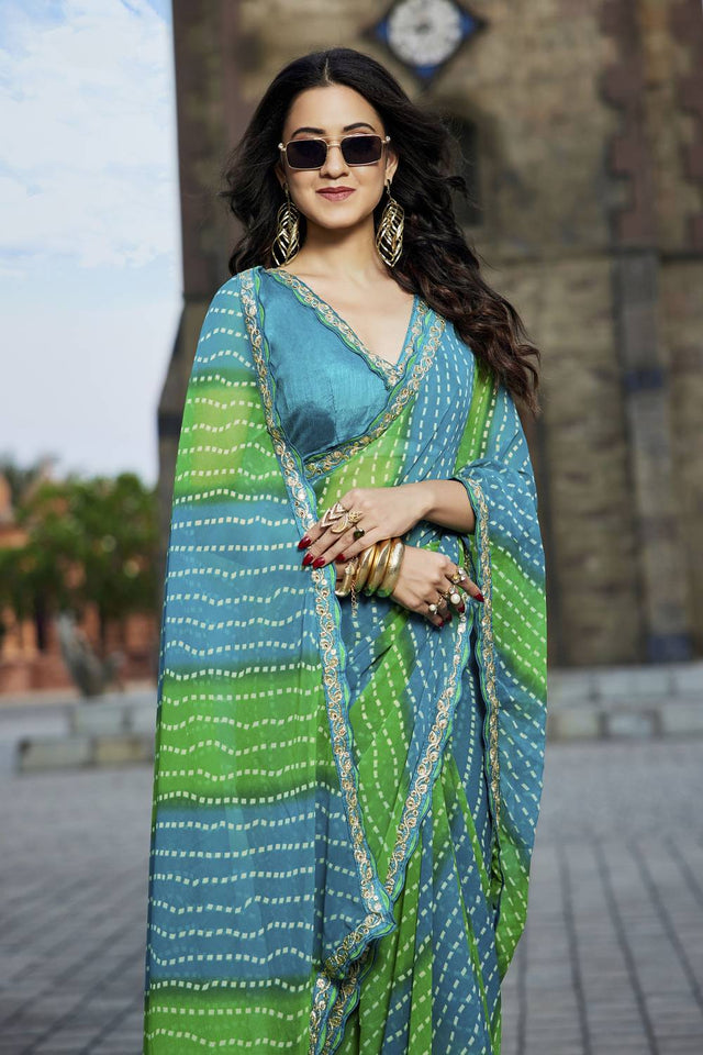 Blue Printed Georgette Saree (ACZ9524)