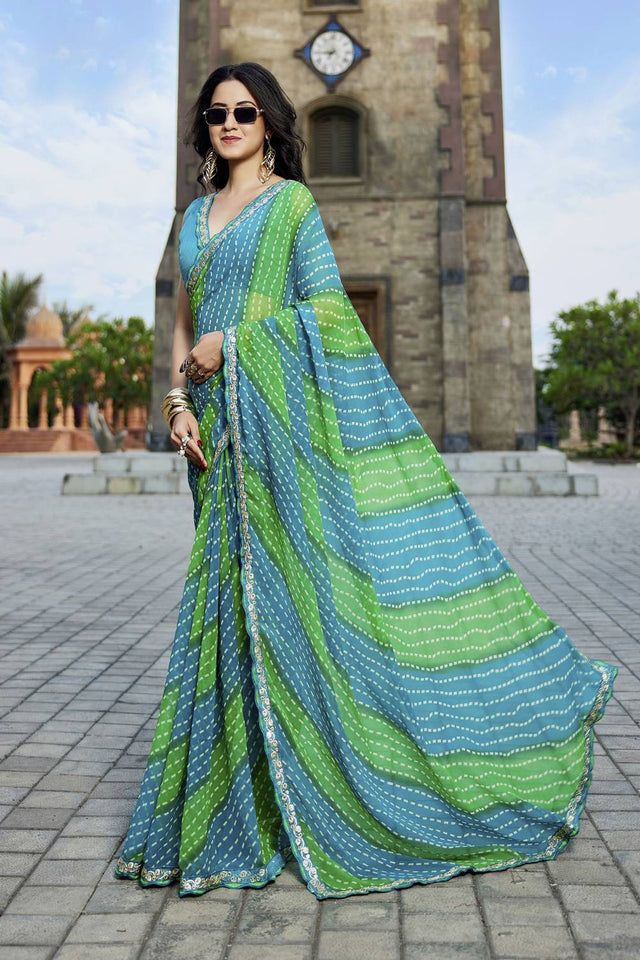Blue Printed Georgette Saree (ACZ9524)
