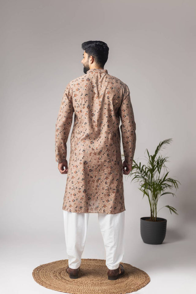 Brown Printed Modal Silk Men's Kurta Sets