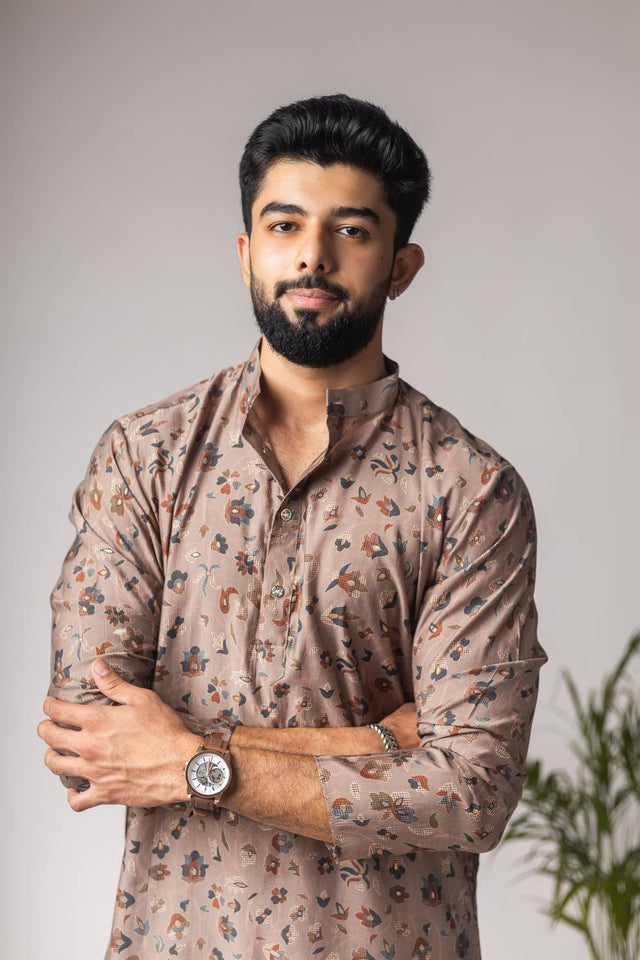 Brown Printed Modal Silk Men's Kurta Sets