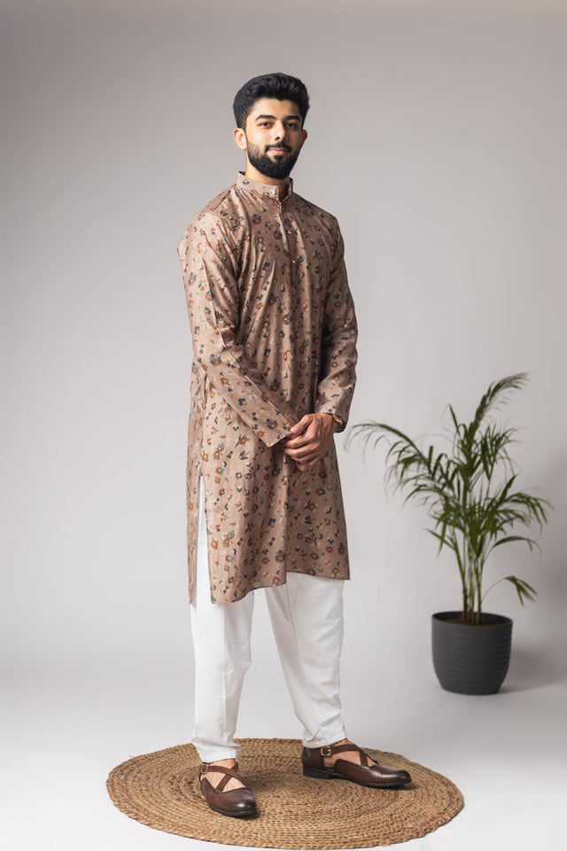 Brown Printed Modal Silk Men's Kurta Sets