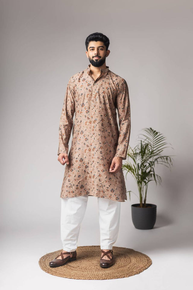 Brown Printed Modal Silk Men's Kurta Sets