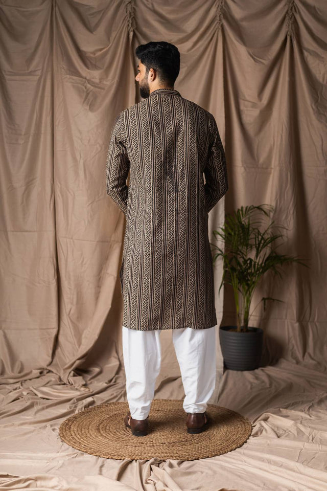Black Printed Modal Silk Men's Kurta Sets