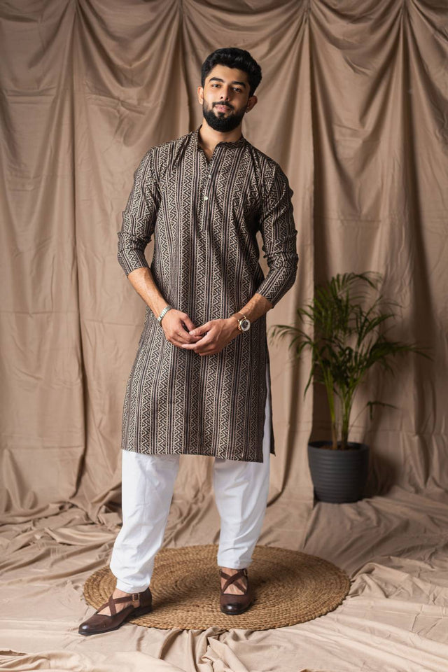 Black Printed Modal Silk Men's Kurta Sets