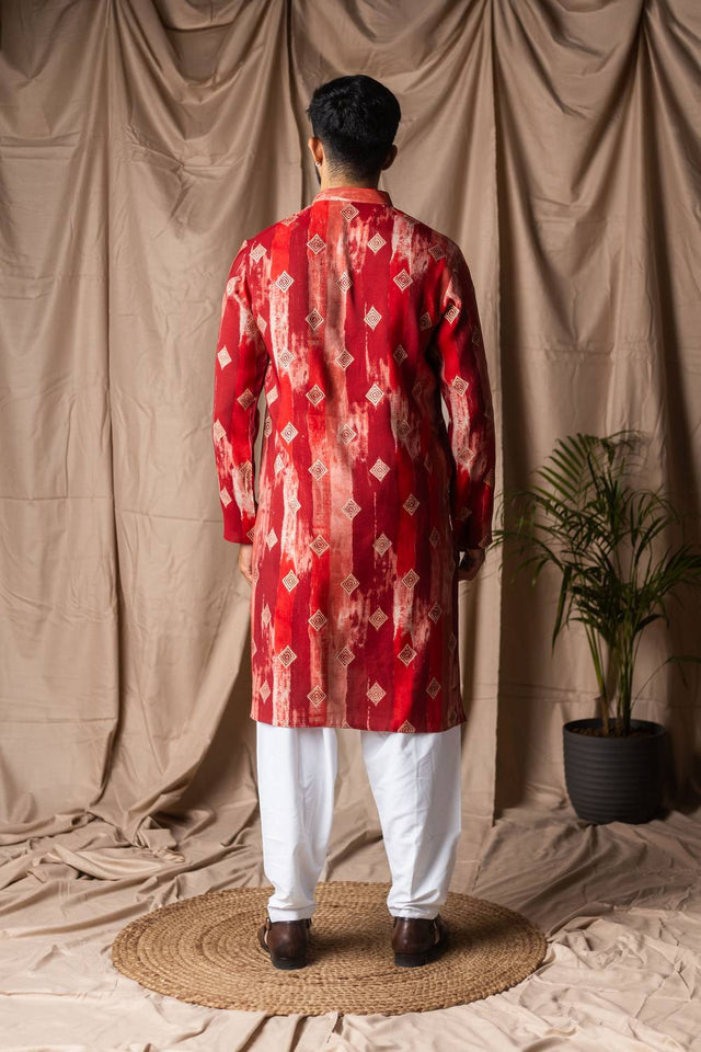 Red Printed Modal Silk Men's Kurta Sets