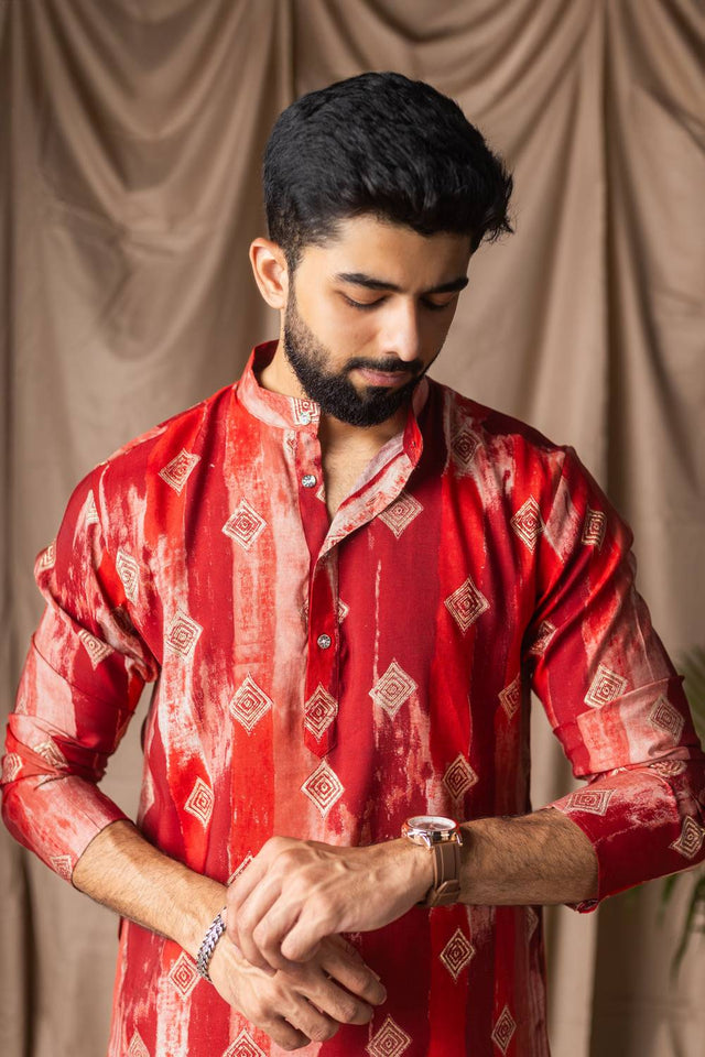 Red Printed Modal Silk Men's Kurta Sets