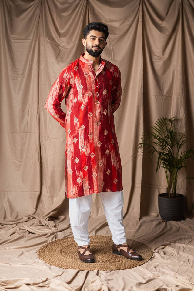 Red Printed Modal Silk Men's Kurta Sets