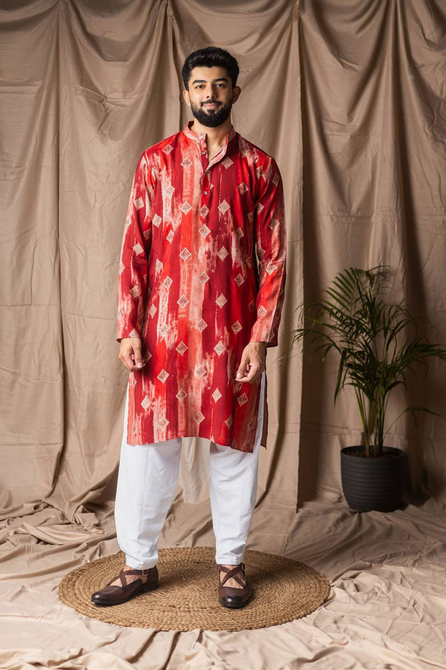 Red Printed Modal Silk Men's Kurta Sets