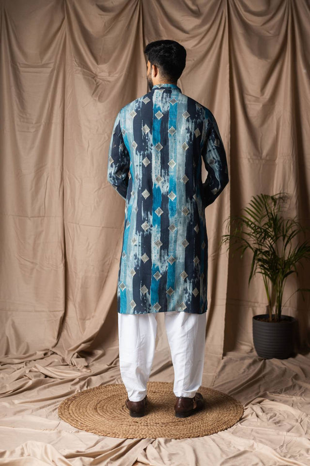 Blue Printed Modal Silk Men's Kurta Sets