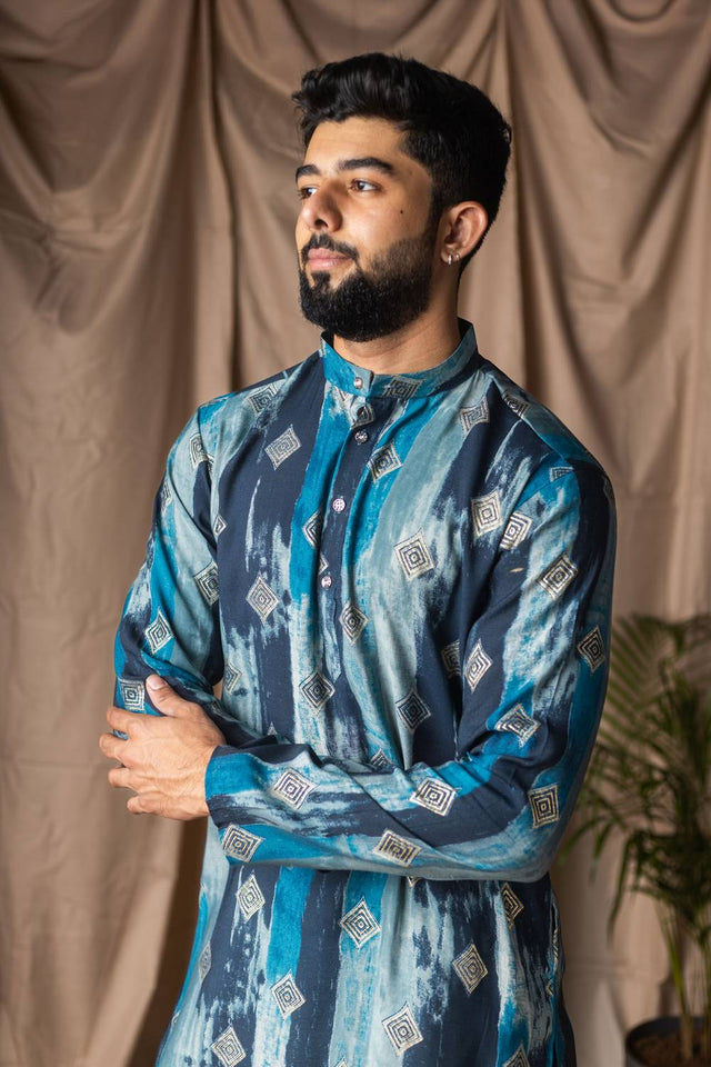 Blue Printed Modal Silk Men's Kurta Sets