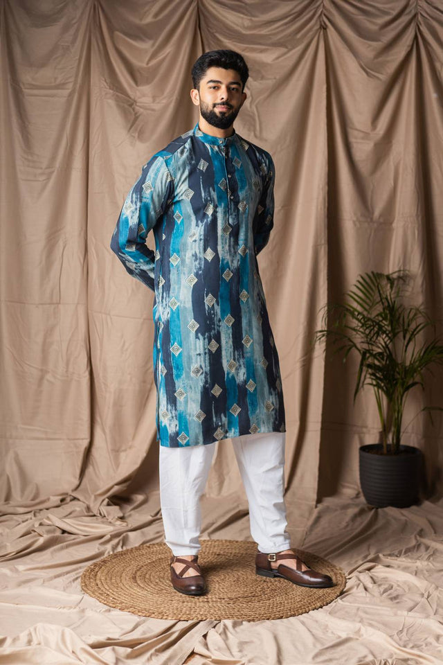 Blue Printed Modal Silk Men's Kurta Sets