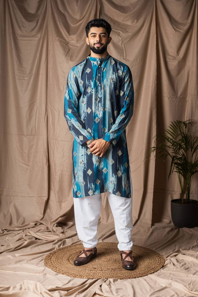 Blue Printed Modal Silk Men's Kurta Sets