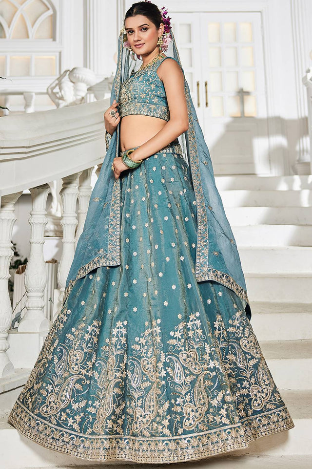 Sea Green Sequin with Embroidered Tissue Lehenga (ACZ9913)