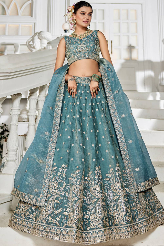 Sea Green Sequin with Embroidered Tissue Lehenga (ACZ9913)