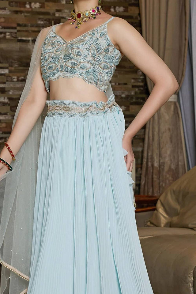 Blue Solid Georgette Lehenga