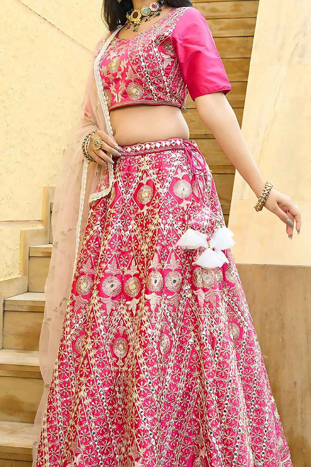 Pink Embroidered with Mirror Work Silk Lehenga