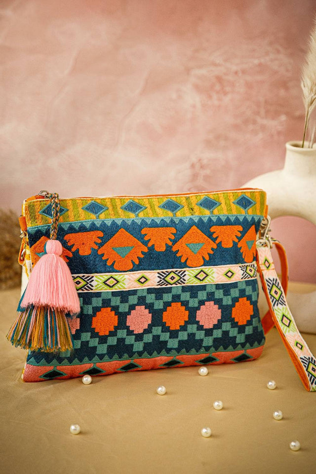 Multi Color Embroidered Jacquard Sling Bag