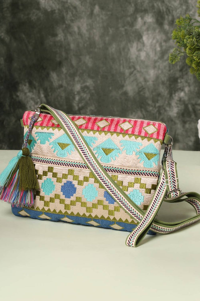 Multi Color Embroidered Jacquard Sling Bag
