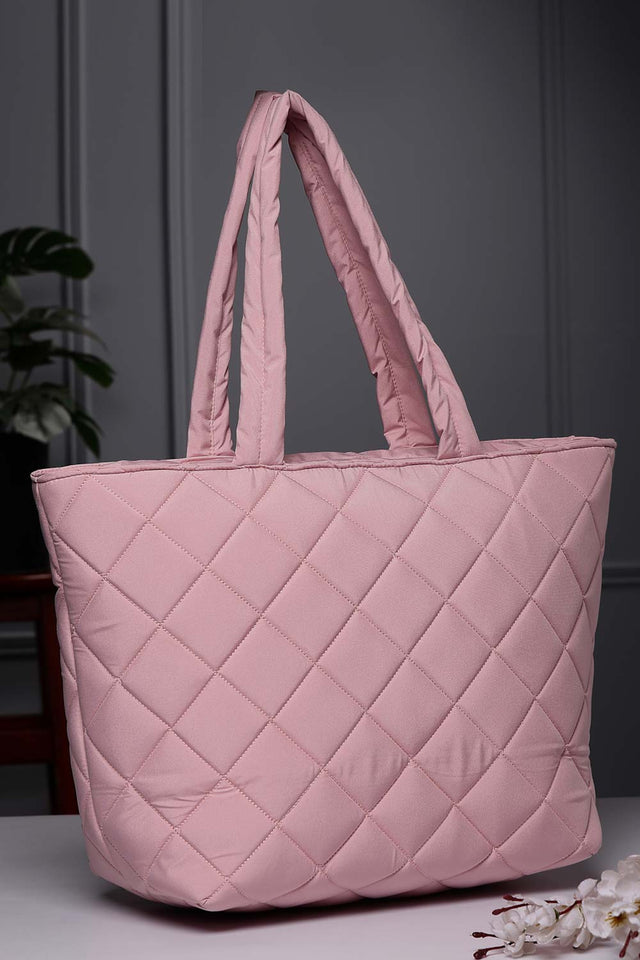 Baby Pink Polyester Diamond Quilted Hand Bag