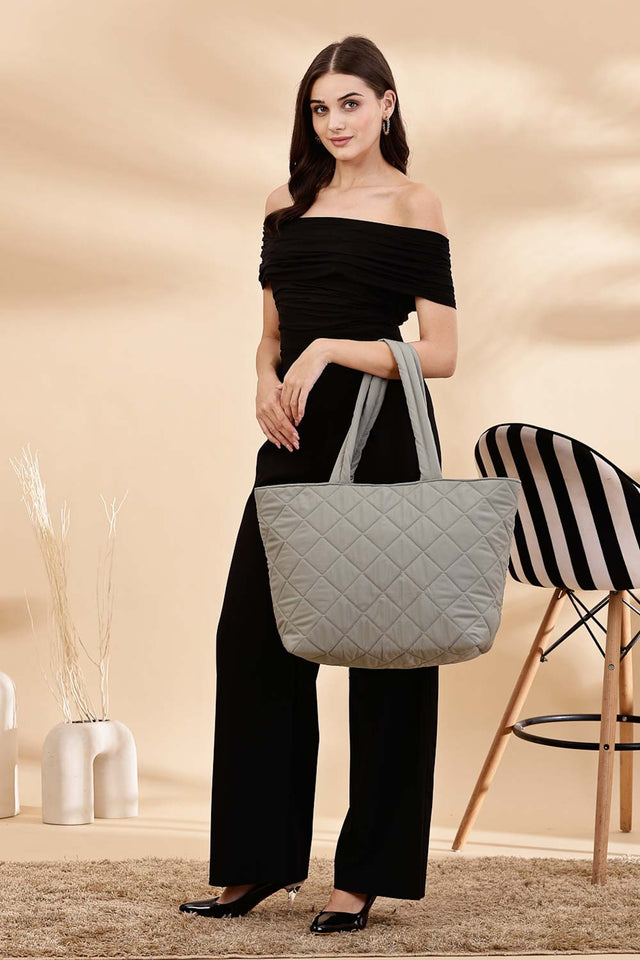 Sage Green Polyester Diamond Quilted Hand Bag