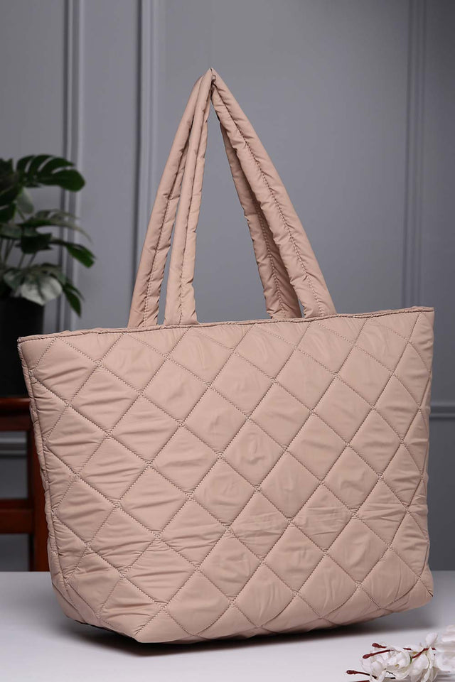 Tan Polyester Diamond Quilted Hand Bag
