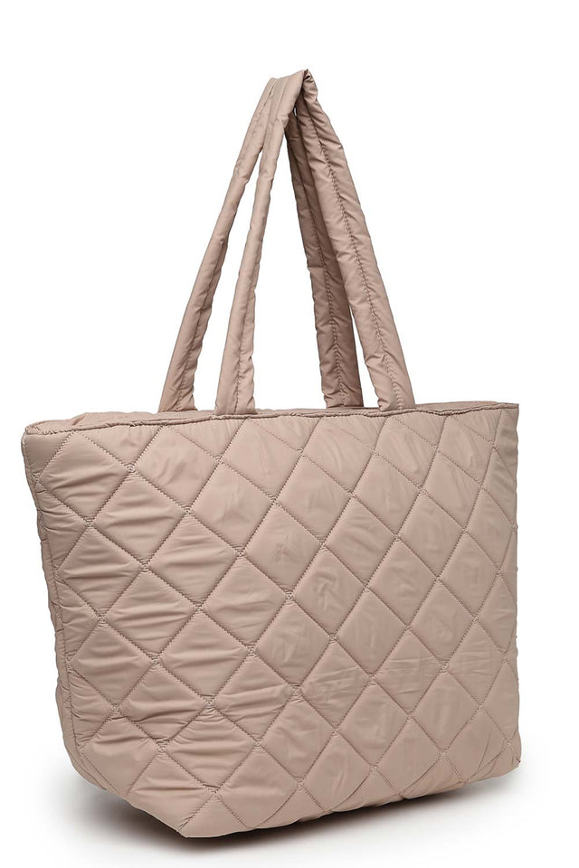 Tan Polyester Diamond Quilted Hand Bag