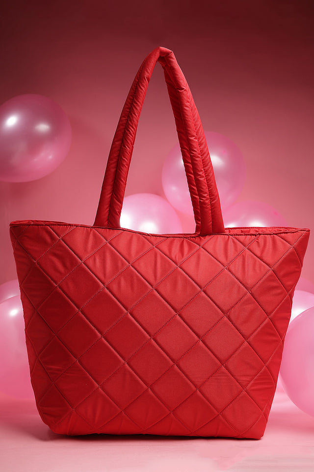 Red Diamond Quilted Polyester Hand Bag